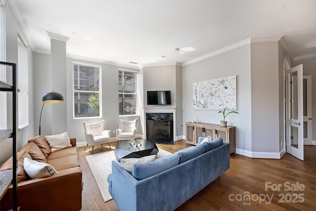 229 N Church St Unit 204, Charlotte, NC 28202 - living area featuring a premium fireplace, wood finished floors, baseboards, and crown molding