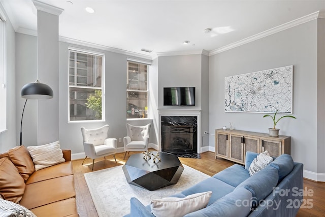 229 N Church St Unit 204, Charlotte, NC 28202 - living area with crown molding, baseboards, a premium fireplace, wood finished floors, and recessed lighting