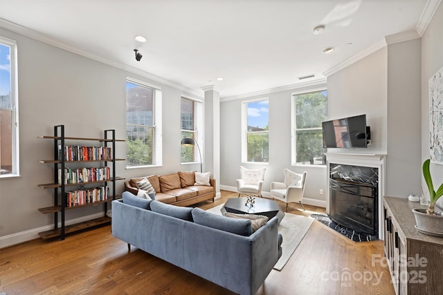 229 N Church St Unit 204, Charlotte, NC 28202 - living area with crown molding, wood finished floors, a high end fireplace, baseboards, and recessed lighting
