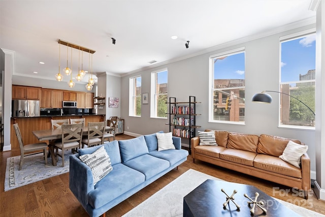 229 N Church St Unit 204, Charlotte, NC 28202 - living area featuring crown molding, dark wood-type flooring, baseboards, recessed lighting, and a chandelier
