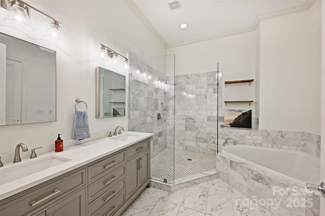 229 N Church St Unit 204, Charlotte, NC 28202 - full bathroom with a bath, a shower stall, double vanity, marble look tile flooring, and crown molding