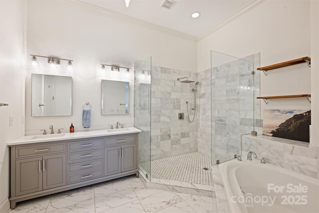 229 N Church St Unit 204, Charlotte, NC 28202 - full bathroom featuring a shower stall, a garden tub, double vanity, marble finish flooring, and crown molding