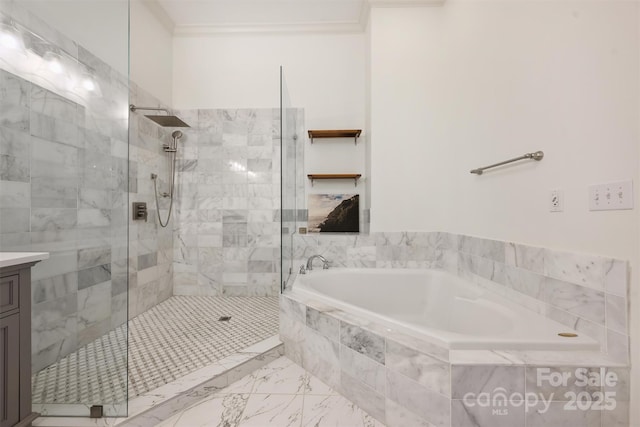 229 N Church St Unit 204, Charlotte, NC 28202 - bathroom featuring a garden tub, ornamental molding, tiled shower, vanity, and marble look tiles
