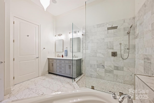 229 N Church St Unit 204, Charlotte, NC 28202 - bathroom with double vanity, a walk in shower, marble finish floors, ornamental molding, and a bathtub