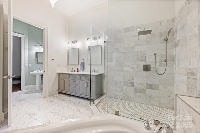 229 N Church St Unit 204, Charlotte, NC 28202 - bathroom with a walk in shower, marble finish floors, crown molding, a tub, and double vanity