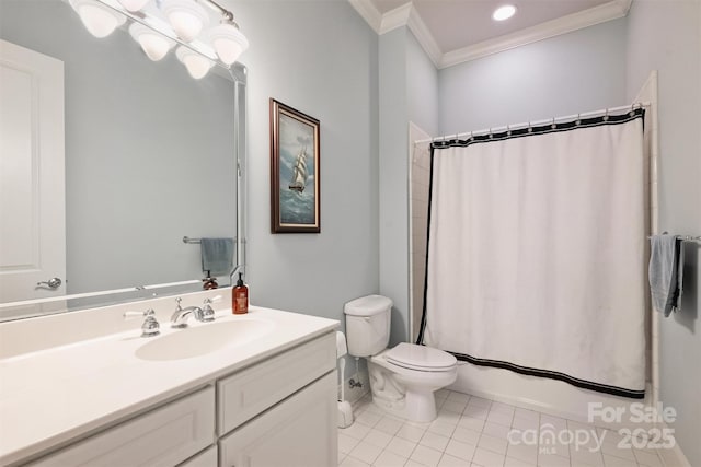 229 N Church St Unit 204, Charlotte, NC 28202 - full bath featuring crown molding, vanity, toilet, tile patterned floors, and shower / tub combo with curtain