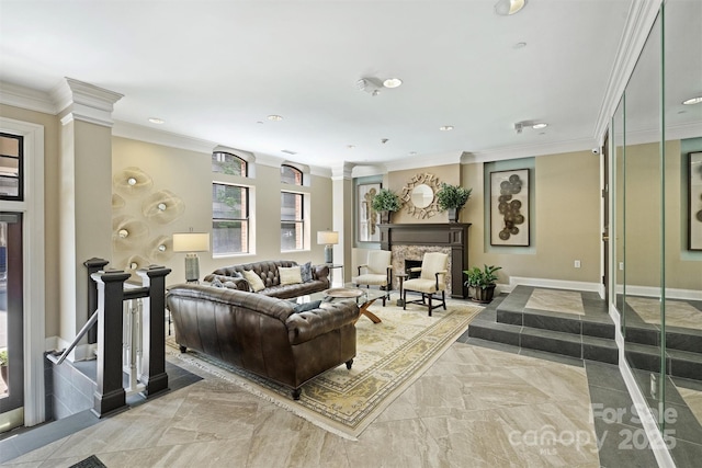 229 N Church St Unit 204, Charlotte, NC 28202 - living room with crown molding, decorative columns, a stone fireplace, recessed lighting, and baseboards