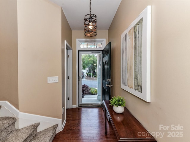 7325 Overmountain Dr, Rock Hill, SC 29732 - entryway with dark wood-style floors, stairs, and baseboards