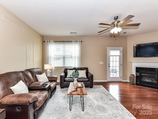 7325 Overmountain Dr, Rock Hill, SC 29732 - living room featuring plenty of natural light, wood finished floors, ceiling fan, and a glass covered fireplace