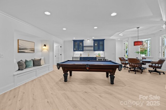 238 Horton Grove Rd, Fort Mill, SC 29715 - recreation room featuring light wood-style flooring, crown molding, pool table, recessed lighting, and baseboards