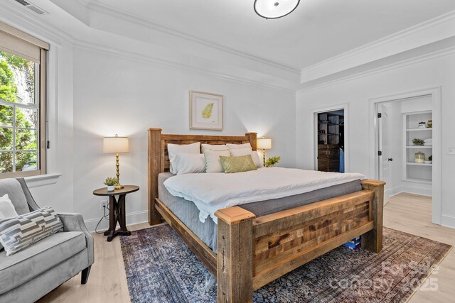 238 Horton Grove Rd, Fort Mill, SC 29715 - bedroom featuring multiple windows, a tray ceiling, ornamental molding, and light wood-style flooring