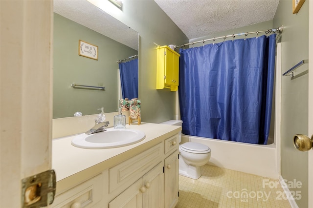 2011 20th Street Pl NE, Hickory, NC 28601 - bathroom featuring vanity, a textured ceiling, toilet, shower / bath combo with shower curtain, and tile patterned floors