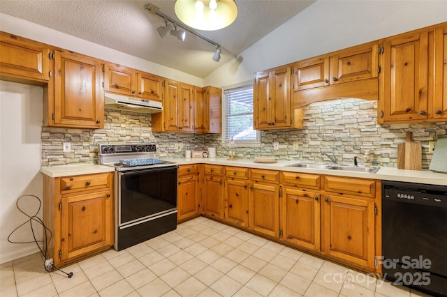 2011 20th Street Pl NE, Hickory, NC 28601 - kitchen with black appliances, a sink, under cabinet range hood, light countertops, and brown cabinets