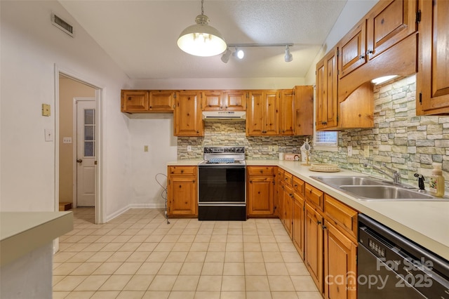2011 20th Street Pl NE, Hickory, NC 28601 - kitchen featuring black appliances, backsplash, under cabinet range hood, light countertops, and a sink