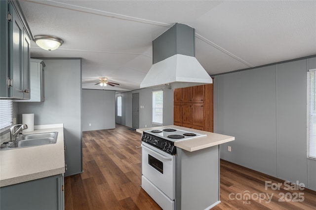 376 Puzzle Creek Rd, Bostic, NC 28018 - kitchen with electric stove, a sink, gray cabinets, ceiling fan, and lofted ceiling