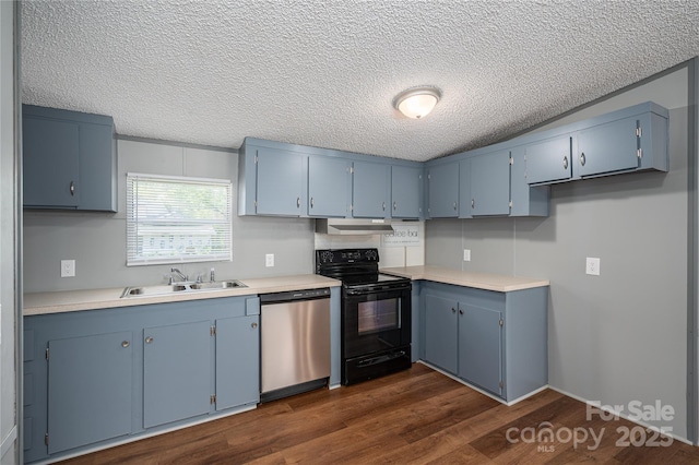 376 Puzzle Creek Rd, Bostic, NC 28018 - kitchen with stainless steel dishwasher, black / electric stove, blue cabinets, and a textured ceiling