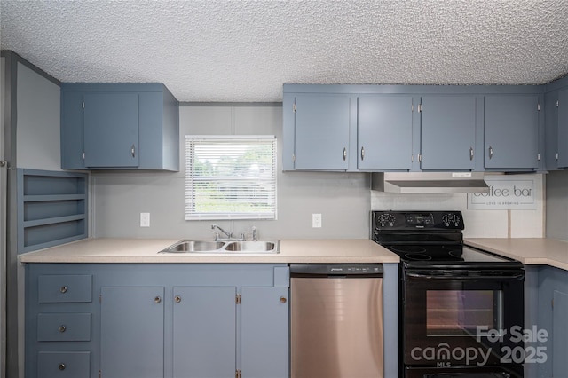 376 Puzzle Creek Rd, Bostic, NC 28018 - kitchen featuring stainless steel dishwasher, black electric range oven, under cabinet range hood, a sink, and blue cabinetry