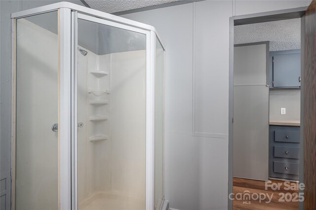 376 Puzzle Creek Rd, Bostic, NC 28018 - full bath featuring a textured ceiling, a stall shower, and wood finished floors