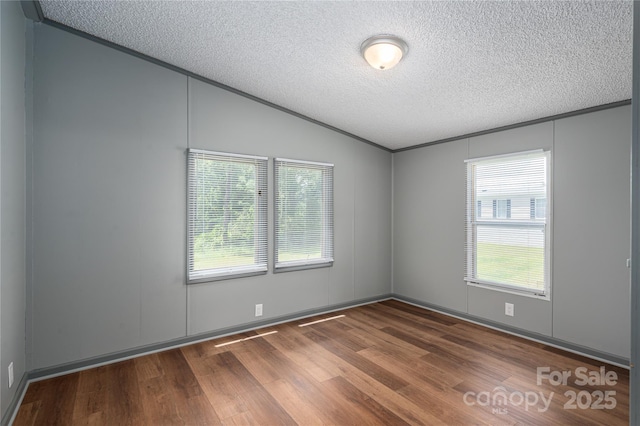 376 Puzzle Creek Rd, Bostic, NC 28018 - empty room with lofted ceiling, dark wood-type flooring, a textured ceiling, and ornamental molding