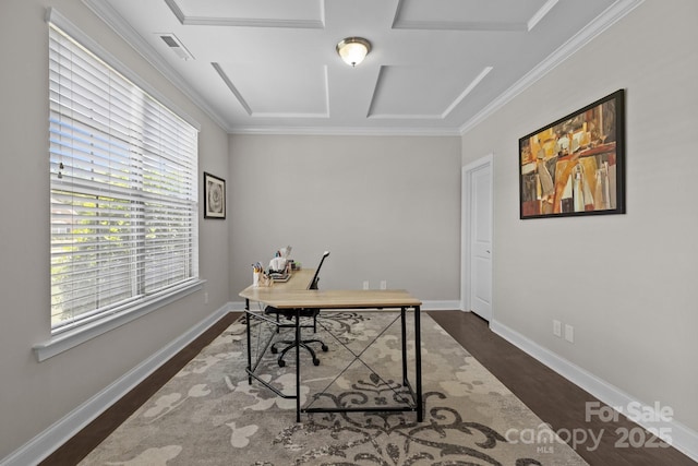 2414 Madeira Cir, Waxhaw, NC 28173 - office space featuring dark wood-style flooring, healthy amount of natural light, baseboards, and ornamental molding