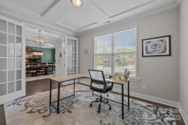 2414 Madeira Cir, Waxhaw, NC 28173 - office space featuring wood finished floors, a chandelier, baseboards, and ornamental molding
