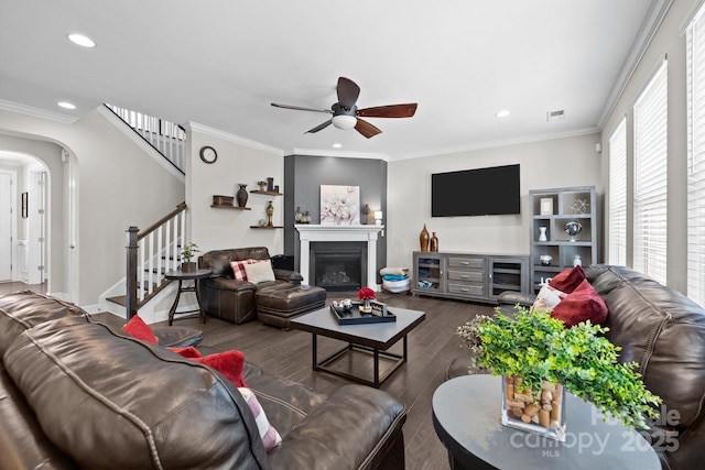 2414 Madeira Cir, Waxhaw, NC 28173 - living room with a ceiling fan, stairway, wood finished floors, recessed lighting, and crown molding