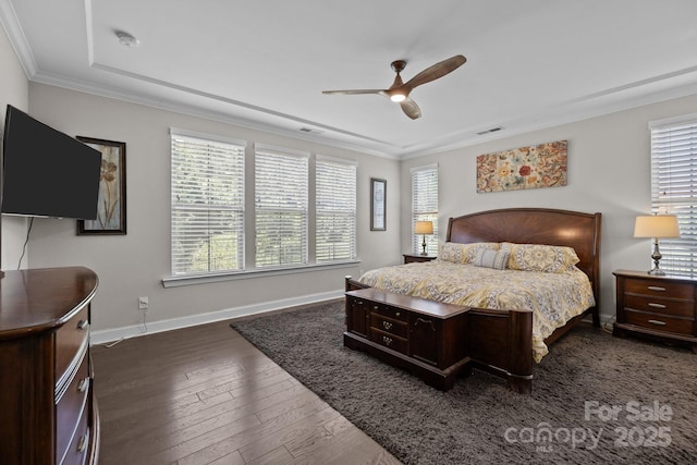 2414 Madeira Cir, Waxhaw, NC 28173 - bedroom featuring ornamental molding, baseboards, dark wood-type flooring, and ceiling fan
