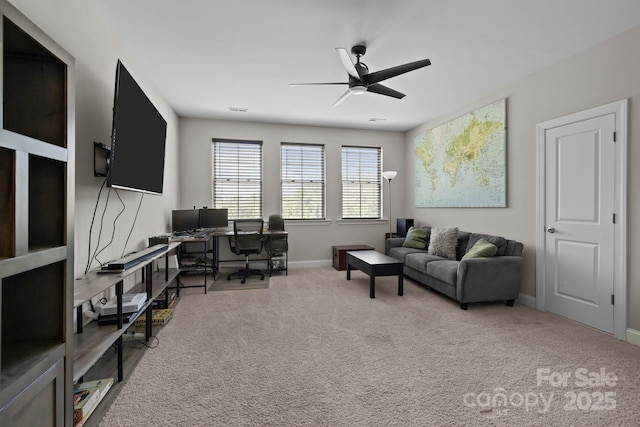 2414 Madeira Cir, Waxhaw, NC 28173 - living room with a ceiling fan, an office area, carpet floors, and baseboards