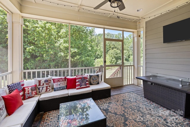 2414 Madeira Cir, Waxhaw, NC 28173 - sunroom featuring ceiling fan and outdoor lounge area