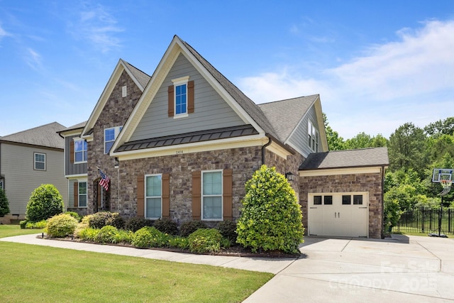 2414 Madeira Cir, Waxhaw, NC 28173 - craftsman inspired home with a standing seam roof, stone siding, driveway, an attached garage, and metal roof