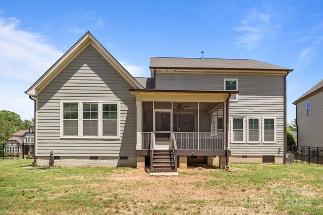 2414 Madeira Cir, Waxhaw, NC 28173 - back of house featuring crawl space, a sunroom, a ceiling fan, and cooling unit