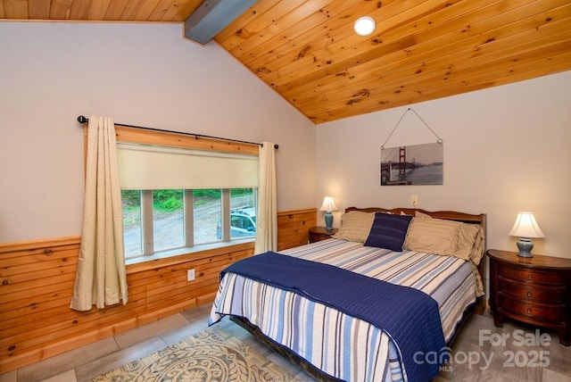 406 Poker Branch Rd, Sylva, NC 28779 - bedroom with wood walls, wood ceiling, and a wainscoted wall