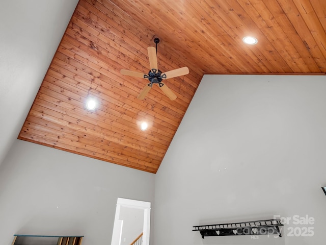 detailed view of wooden ceiling, recessed lighting, and a ceiling fan