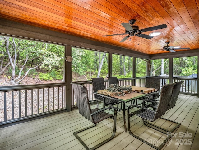 sunroom / solarium featuring ceiling fan, outdoor dining area, and plenty of natural light