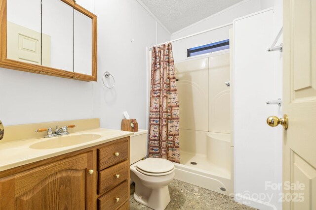 6822 Zelda Dr, Catawba, NC 28609 - bathroom with a shower stall, a textured ceiling, toilet, vanity, and ornamental molding