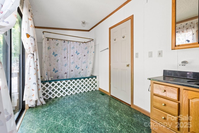 6822 Zelda Dr, Catawba, NC 28609 - bathroom with curtained shower, crown molding, vanity, and a textured ceiling
