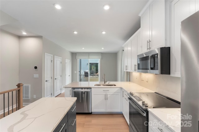 kitchen with appliances with stainless steel finishes, a sink, recessed lighting, white cabinetry, and light wood finished floors