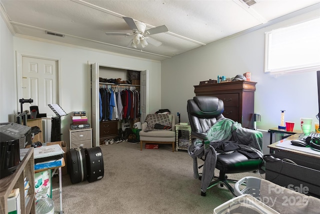 102 Lanier St, Mount Holly, NC 28120 - carpeted bedroom featuring a closet, crown molding, and a ceiling fan