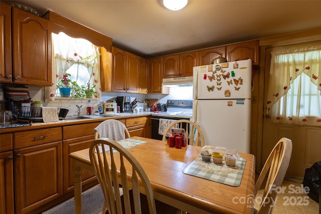 102 Lanier St, Mount Holly, NC 28120 - kitchen with range with electric stovetop, freestanding refrigerator, under cabinet range hood, and brown cabinetry