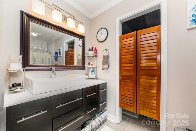 2401 Hoffman St, Gastonia, NC 28054 - bathroom with vanity, wood finished floors, and crown molding