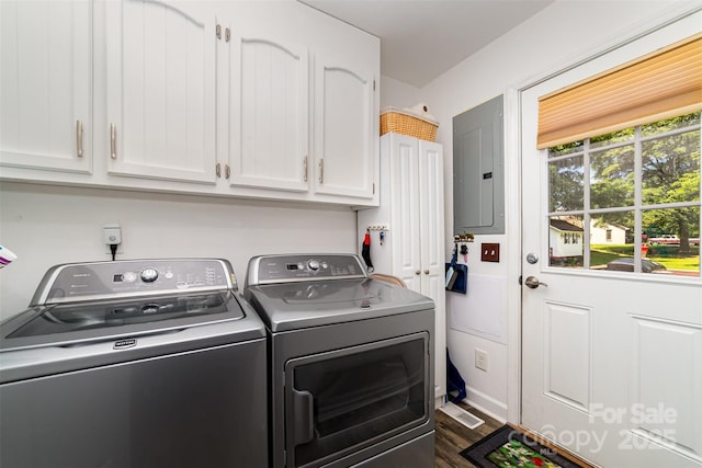 2401 Hoffman St, Gastonia, NC 28054 - washroom featuring cabinet space, electric panel, separate washer and dryer, and dark wood finished floors