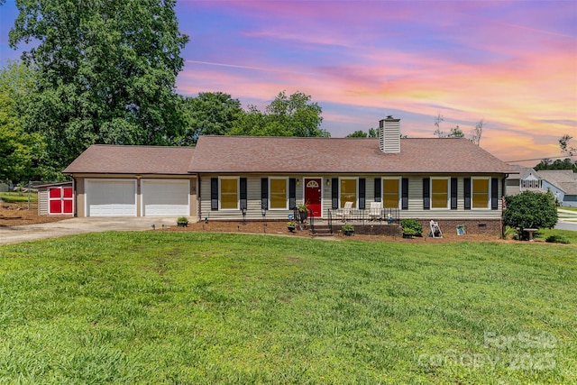 2401 Hoffman St, Gastonia, NC 28054 - ranch-style home featuring a chimney, driveway, a front yard, and an attached garage