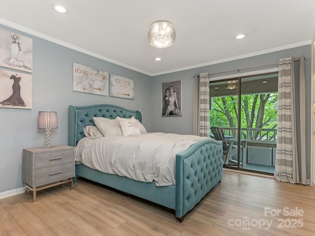 212 W 10th St Unit 3, Charlotte, NC 28202 - bedroom featuring ornamental molding, access to outside, light wood-style floors, baseboards, and recessed lighting