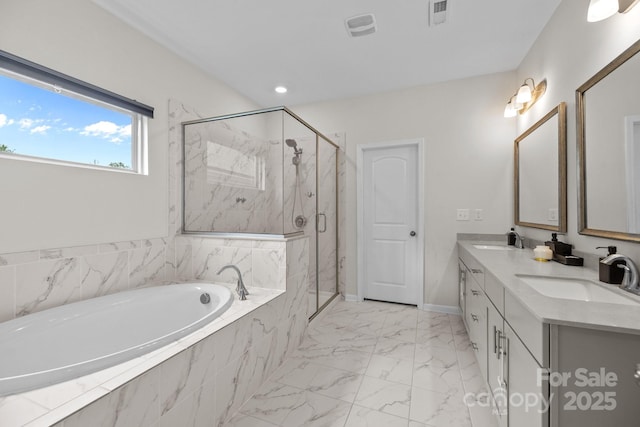 20307 Creek Bend Edge Ct Unit 10, Matthews, NC 28105 - bathroom featuring a bath, a marble finish shower, double vanity, and marble finish flooring