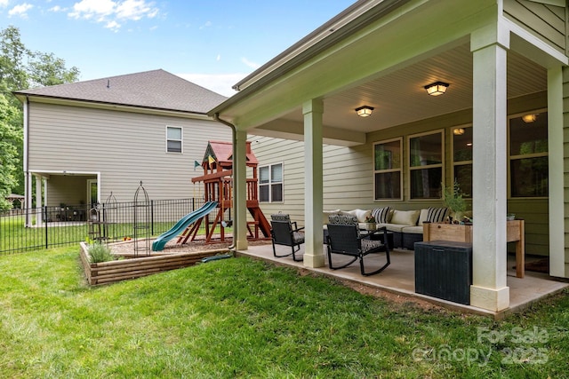 20307 Creek Bend Edge Ct Unit 10, Matthews, NC 28105 - back of property featuring an outdoor living space, a playground, a patio area, and roof with shingles