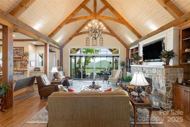 442 Signature Row Blvd, Waynesville, NC 28785 - living area with a chandelier, hardwood / wood-style flooring, wooden ceiling with exposed beams, a fireplace, and plenty of natural light