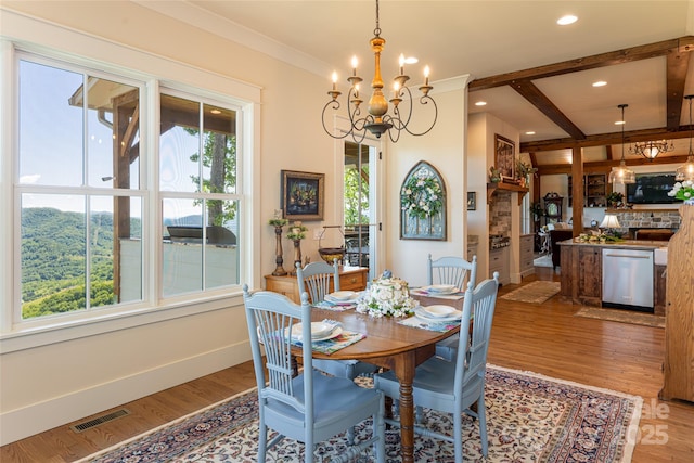 442 Signature Row Blvd, Waynesville, NC 28785 - dining space featuring a chandelier, wood finished floors, recessed lighting, baseboards, and beamed ceiling