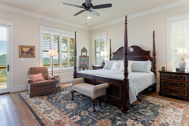 442 Signature Row Blvd, Waynesville, NC 28785 - bedroom with wood finished floors, baseboards, access to exterior, a ceiling fan, and crown molding