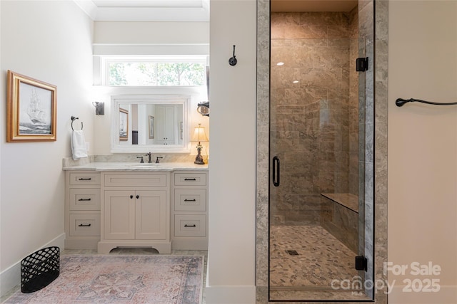 442 Signature Row Blvd, Waynesville, NC 28785 - full bathroom with vanity, a stall shower, and baseboards