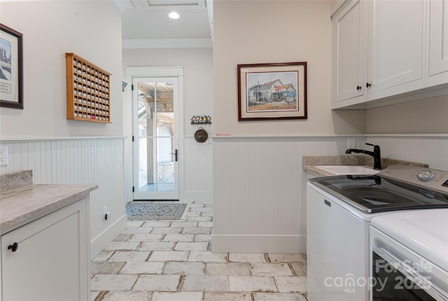 442 Signature Row Blvd, Waynesville, NC 28785 - washroom with cabinet space, a wainscoted wall, independent washer and dryer, baseboards, and ornamental molding